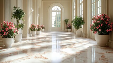 Elegant Floral Hall with Marble Floors. Generative AI