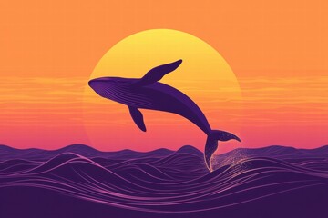 Whale breaches the ocean surface against a vibrant sunset sky in a dramatic display of natures beauty. Generative AI