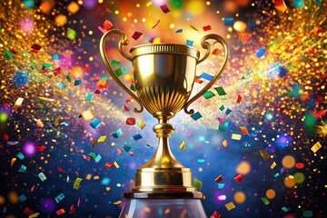 Golden trophies, sparkling confetti, celebratory photos capture winning moments, award ceremonies, and triumphant achievements.