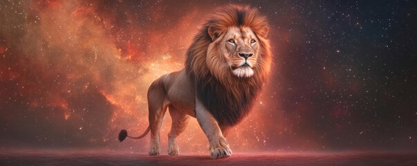 Lion prowling across a glowing cosmic void, its mane shimmering with interstellar light