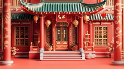 A vibrant red building representing a traditional Chinatown house, with an ornate temple gate and cultural decorations, perfect for capturing the essence of Chinese architecture