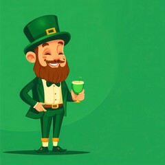 Cheerful Cartoon Leprechaun with a Green Drink Celebrating St. Patrick's Day in a Vibrant Green Background Full of Joy and Festive Spirit