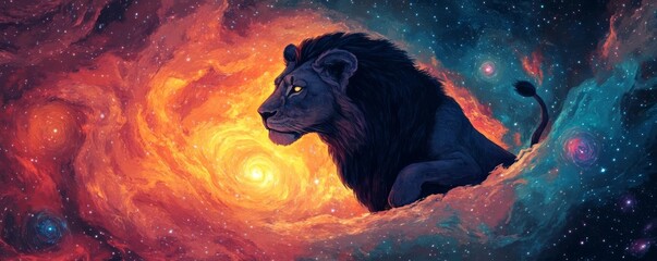 Lion prowling through a glowing cosmic landscape, surrounded by swirling galaxies