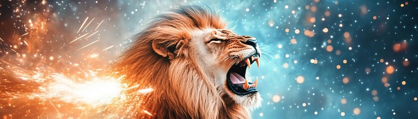Naklejka premium Lion roaring amidst a cosmic storm of glowing meteors and radiant energy