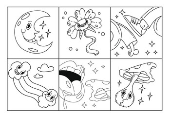 Psychedelic emoji shapes retro comic cards posters isolated set. Vector graphic design illustration