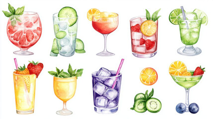 Refreshing summer cocktails with fruits and ice in vibrant colors