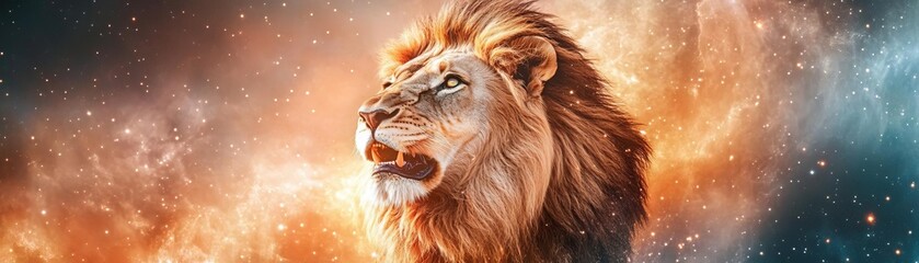 Fototapeta premium Lion roaring amidst a field of radiant celestial hues, blending cosmic beauty with power