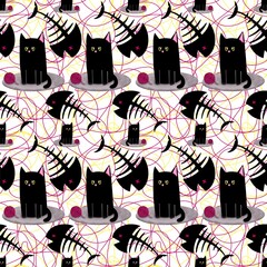 Childish black cat seamless repeating pattern with fishbone and ball on pink, yellow lines on isolated background. Illustration for print, fabric, packaging, blog decoration and other your project.