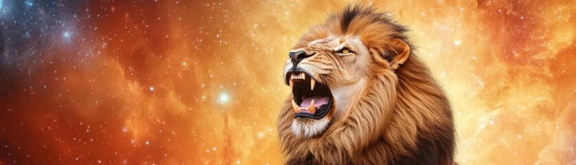 Fototapeta premium Lion roaring amidst a field of radiant celestial hues, blending cosmic beauty with power