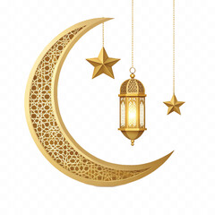 abstract 3d Crescent moon, lantern and star hanging in 3d light purple color. Decorative vector elements for Muslim holidays. Isolated on a white background © MDShafaat