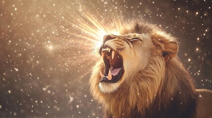 Naklejka premium Lion roaring, cosmic rays bursting from its mouth, surrounded by shimmering stardust