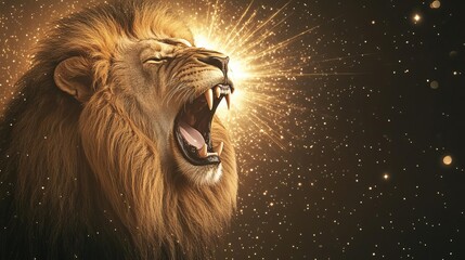 Lion roaring, cosmic rays bursting from its mouth, surrounded by shimmering stardust