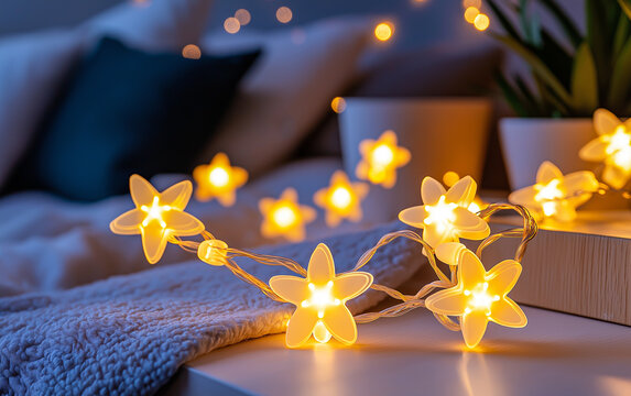 Cozy bedroom star fairy lights decor decoration design home - Powered by Adobe