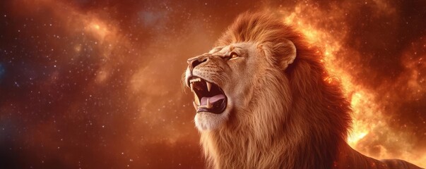 Naklejka premium Lion roaring into a cosmic storm, its mane glowing with radiant celestial hues