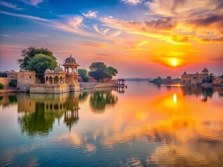 Fototapeta premium Peaceful Sunrise at Gadisar Lake, Jaisalmer, India - Soft Focus Portrait Photography