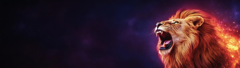 Lion roaring into a cosmic void, its mane glowing with vibrant celestial hues
