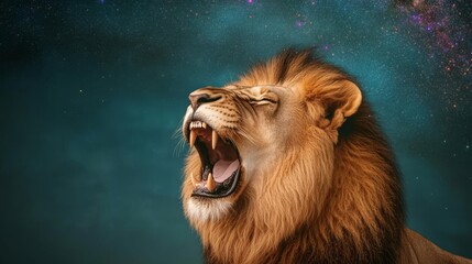 Lion roaring under a celestial sky, its mane glowing with vibrant stardust