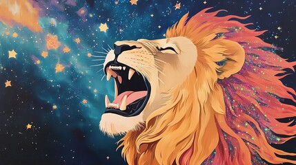 Lion roaring under a celestial sky, its mane glowing with vibrant stardust