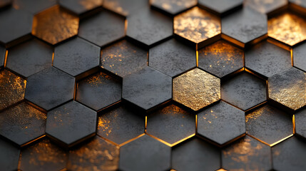 Abstract Geometric Hexagon Pattern with Gold and Black Metallic Texture