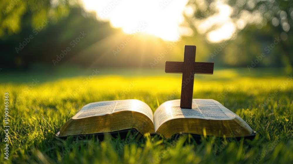 Poster a wooden cross placed on the pages of an open book in a lush green meadow, bathed in sunlight under 