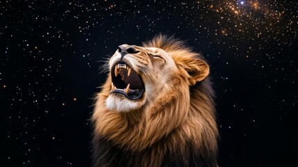 Naklejka premium Lion roaring under a meteor shower, its form radiating cosmic power