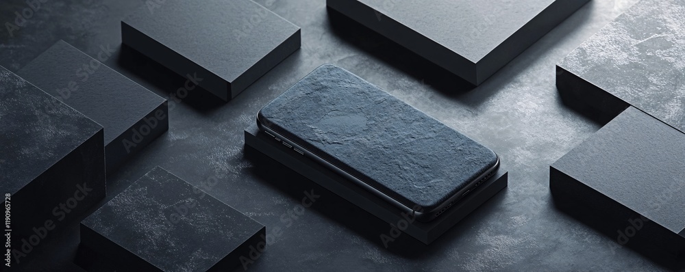 Poster smartphone with stone texture display resting on pedestal surrounded by black cubes