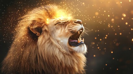 Naklejka premium Lion roaring with radiant stardust trailing from its glowing mane