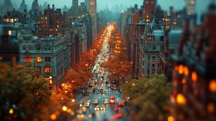 Fototapeta premium Vibrant cityscape with glowing lights and autumn tones. Generative AI