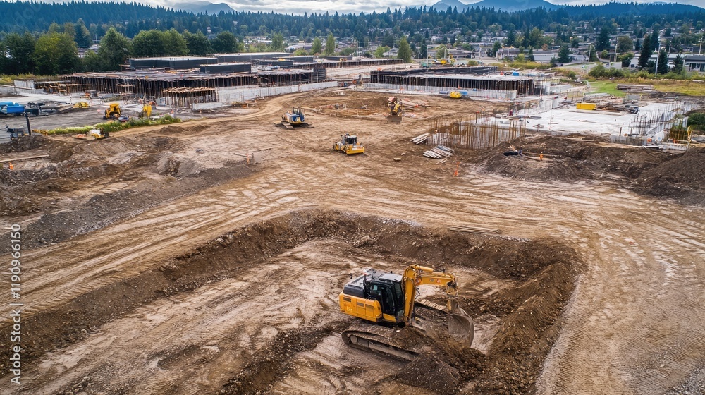 Aufkleber Aerial view of construction machinery at work, digging and leveling the terrain with partially completed structures in the background, capturing the construction process from above