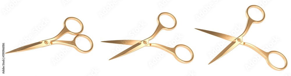 Aufkleber golden scissors, set. opened and closed. 3d rendering isolated on transparent background