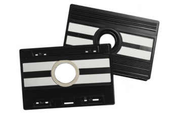 A stack of vintage VHS tapes on a transparent background