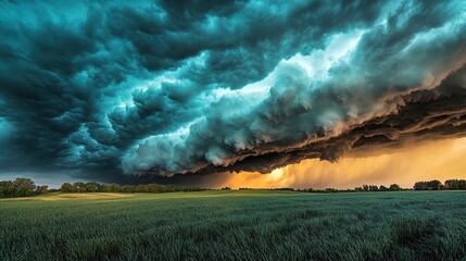 Fototapeta premium Dramatic storm clouds over green field at sunset.