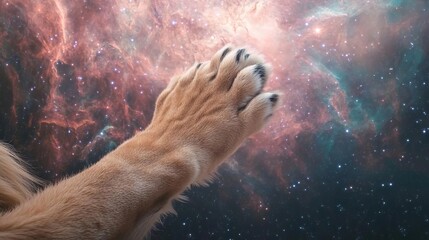Lion s paw reaching toward a planet, surrounded by celestial light and interstellar patterns