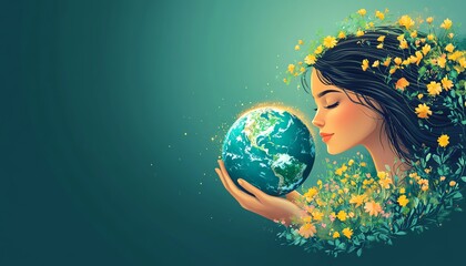 Naklejka premium Mother Earth as a young woman gently holding the globe with love and protection, symbolizing nurturing care for the environment, conceptual generative AI illustration