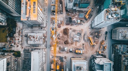 An aerial view of a sprawling construction site, with cranes, bulldozers, and loaders actively working on earthworks, showcasing the busy and detailed operation of the site