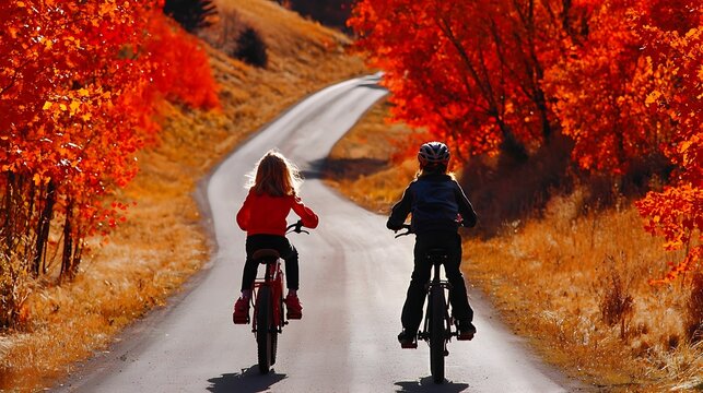 Two children riding bicycles on a scenic autumn road surrounded by vibrant red foliage