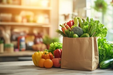 Fresh groceries in a paper bag on a kitchen counter with sunlight.