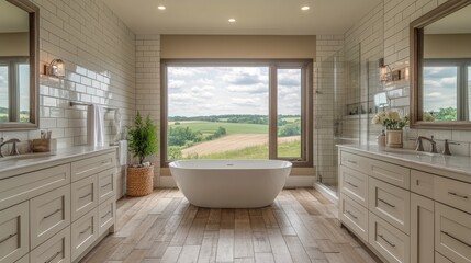 Fototapeta premium Elegant bathroom featuring freestanding tub with scenic countryside view through large windows