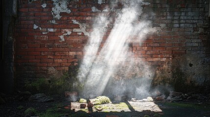 An ethereal white light bursts through a moss-covered red brick wall, scattering aged bricks and creating a dramatic, mystical scene of contrast