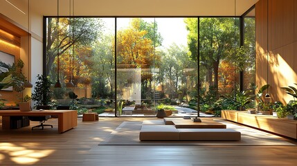 Sleek office interior with large glass windows and wooden floors, featuring a long table and hanging lights