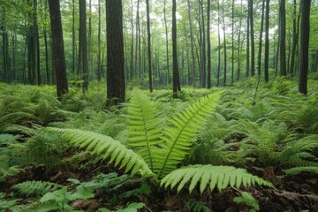 Lush green fern in a serene forest landscape with towering trees during the day