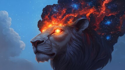 Lion with a cosmic mane of stars and galaxies, glowing eyes radiating celestial energy