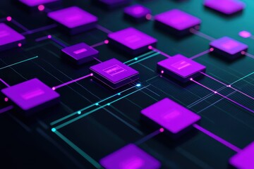 Purple squares arranged on a sleek black diagram with a bright cyan background