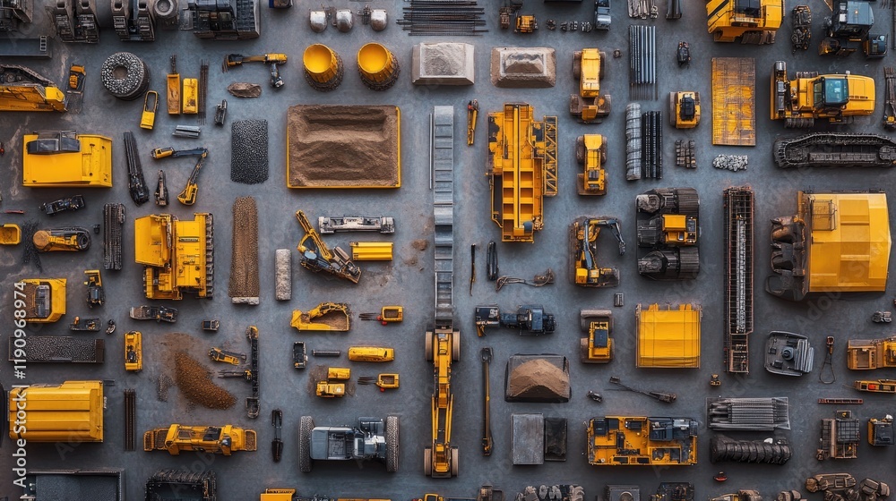 Poster an overhead view of a large construction site with cranes, bulldozers, and earth movers working toge
