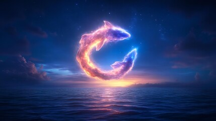 Celestial Pisces Symbol Over Ocean. Generative AI