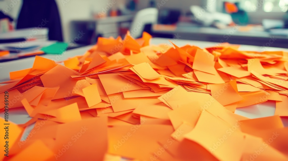 Poster An unorganized spread of orange sticky notes on a white desk, representing a creative brainstorming session with ideas in motion