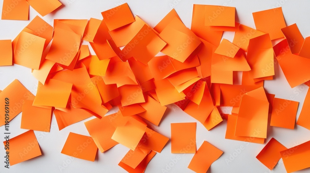 Poster an unorganized spread of orange sticky notes on a white desk, representing a creative brainstorming 