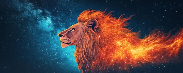 Lion with fiery mane blending into the Milky Way, celestial and commanding presence
