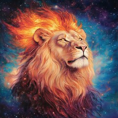 Naklejka premium Lion with fiery mane blending into a vibrant cosmic horizon, powerful and celestial