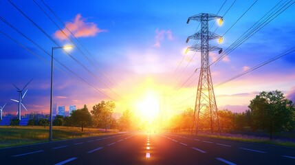 Scenic Sunset Highway: Power Lines, Wind Turbines & Renewable Energy